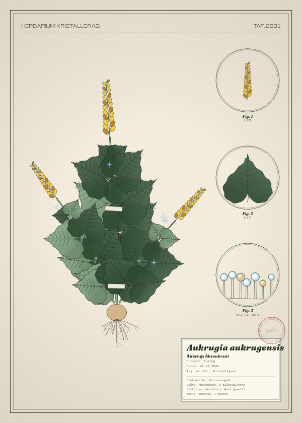 Botanische Tafel: Aukrugia aukrugensis, eine erfundene Pflanze aus Aukrug, gezeichnet wie in einem alten Pflanzenatlas