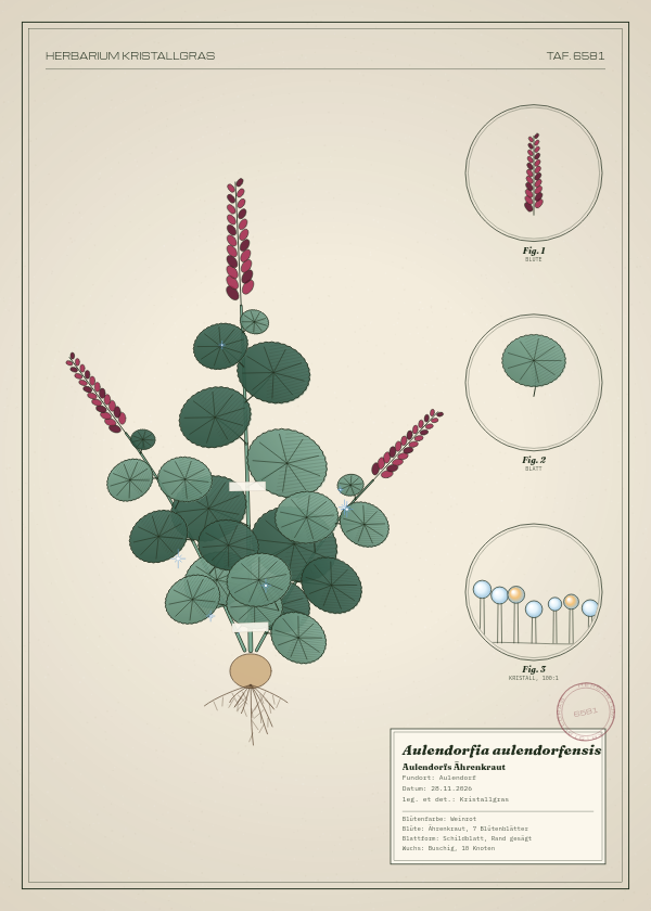 Botanische Tafel: Aulendorfia aulendorfensis, eine erfundene Pflanze aus Aulendorf, gezeichnet wie in einem alten Pflanzenatlas