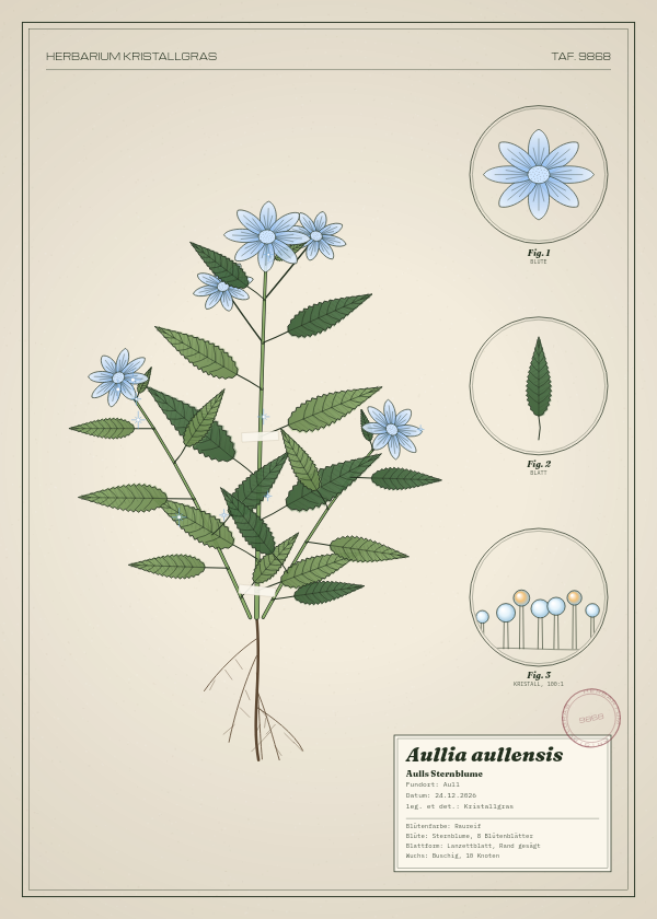 Botanische Tafel: Aullia aullensis, eine erfundene Pflanze aus Aull, gezeichnet wie in einem alten Pflanzenatlas