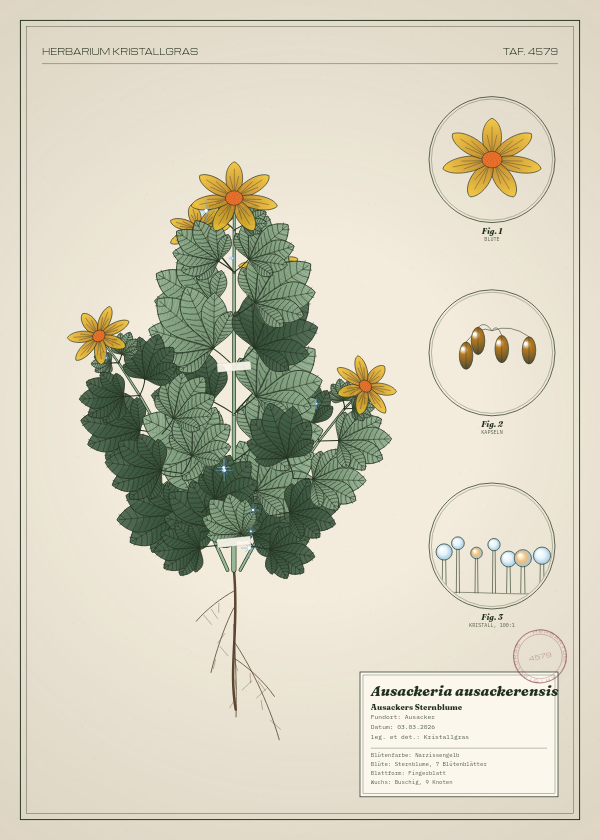 Botanische Tafel: Ausackeria ausackerensis, eine erfundene Pflanze aus Ausacker, gezeichnet wie in einem alten Pflanzenatlas
