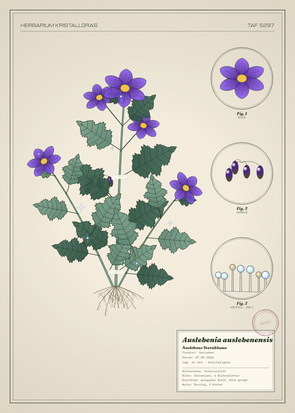 Botanische Tafel: Auslebenia auslebenensis, eine erfundene Pflanze aus Ausleben, gezeichnet wie in einem alten Pflanzenatlas