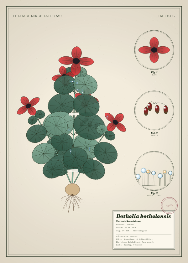 Botanische Tafel: Bothelia bothelensis, eine erfundene Pflanze aus Bothel, gezeichnet wie in einem alten Pflanzenatlas