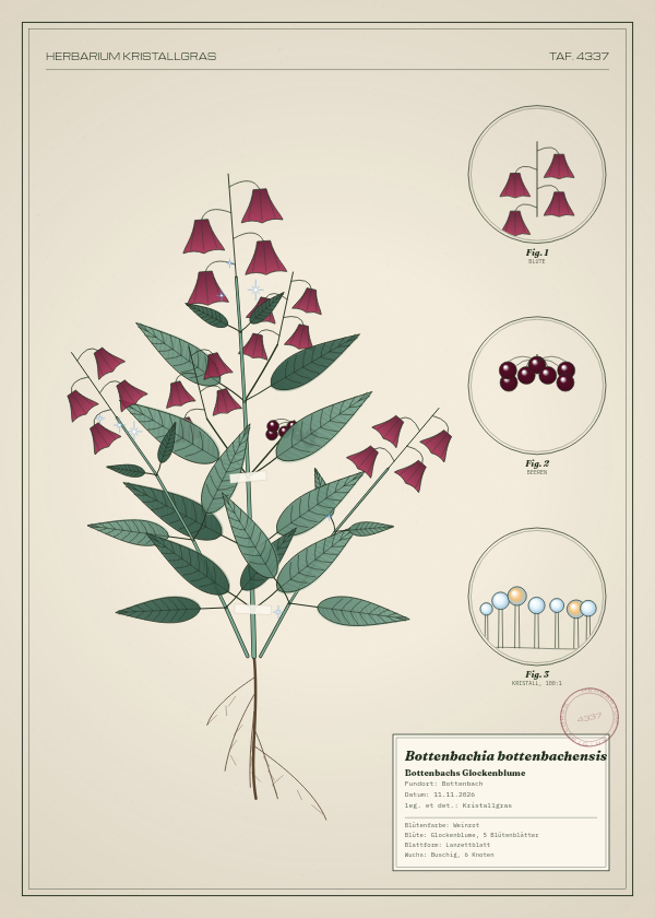 Botanische Tafel: Bottenbachia bottenbachensis, eine erfundene Pflanze aus Bottenbach, gezeichnet wie in einem alten Pflanzenatlas