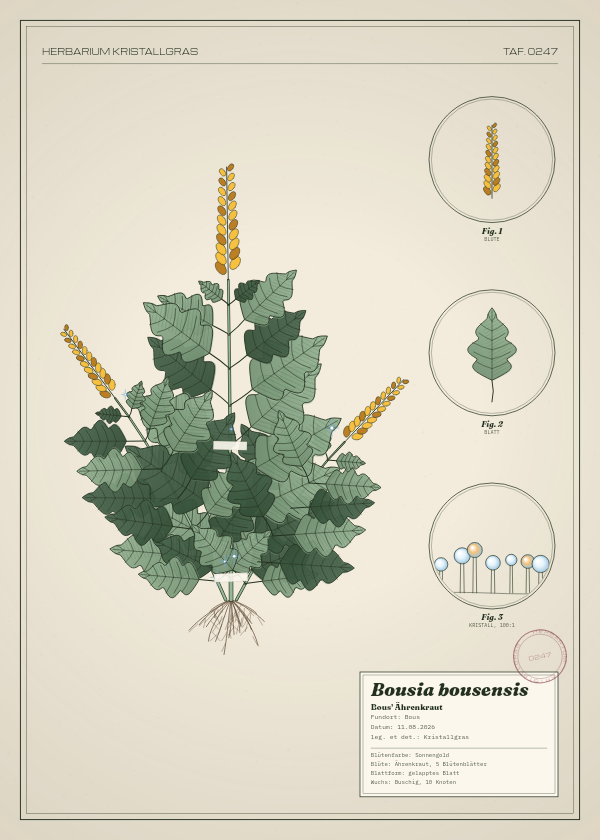Botanische Tafel: Bousia bousensis, eine erfundene Pflanze aus Bous, gezeichnet wie in einem alten Pflanzenatlas