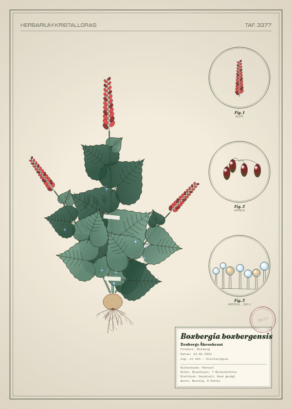Botanische Tafel: Boxbergia boxbergensis, eine erfundene Pflanze aus Boxberg, gezeichnet wie in einem alten Pflanzenatlas