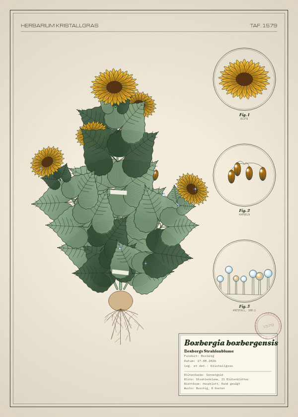 Botanische Tafel: Boxbergia boxbergensis, eine erfundene Pflanze aus Boxberg, gezeichnet wie in einem alten Pflanzenatlas