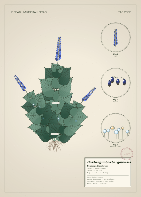 Botanische Tafel: Boxbergia boxbergolensis, eine erfundene Pflanze aus Boxberg/O.L., gezeichnet wie in einem alten Pflanzenatlas