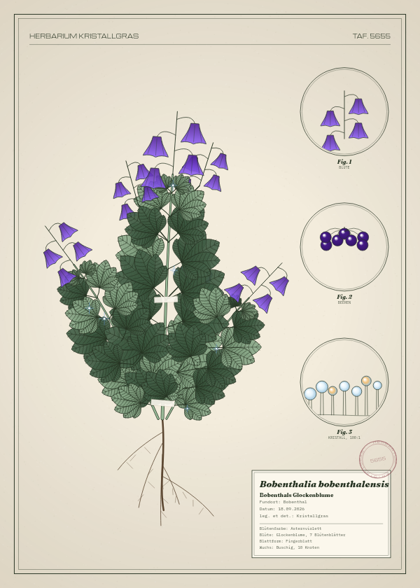 Botanische Tafel: Bobenthalia bobenthalensis, eine erfundene Pflanze aus Bobenthal, gezeichnet wie in einem alten Pflanzenatlas