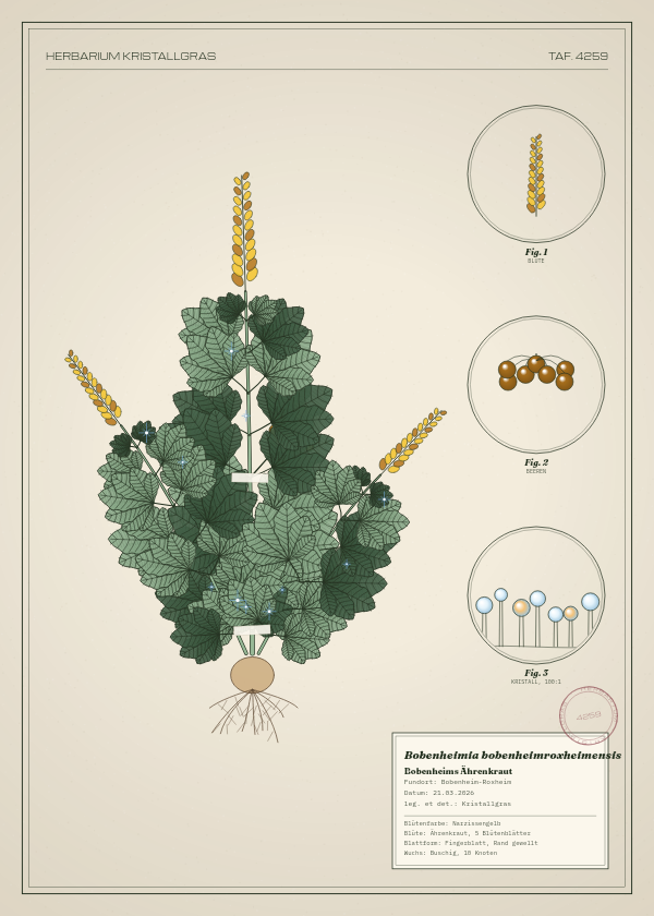 Botanische Tafel: Bobenheimia bobenheimroxheimensis, eine erfundene Pflanze aus Bobenheim-Roxheim, gezeichnet wie in einem alten Pflanzenatlas