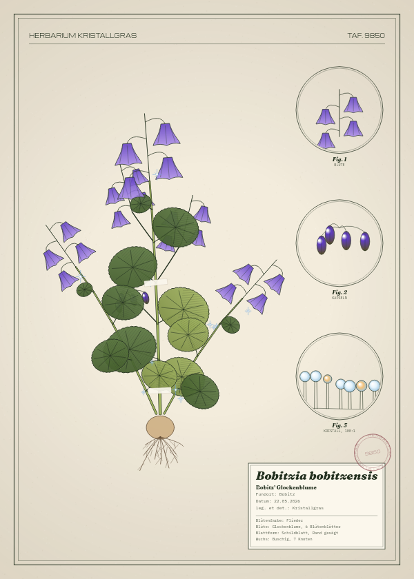 Botanische Tafel: Bobitzia bobitzensis, eine erfundene Pflanze aus Bobitz, gezeichnet wie in einem alten Pflanzenatlas