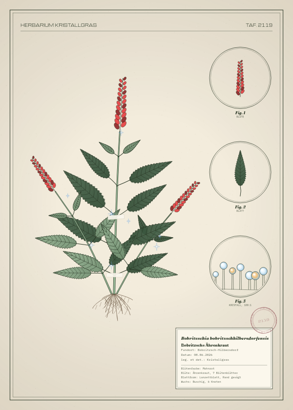 Botanische Tafel: Bobritzschia bobritzschhilbersdorfensis, eine erfundene Pflanze aus Bobritzsch-Hilbersdorf, gezeichnet wie in einem alten Pflanzenatlas