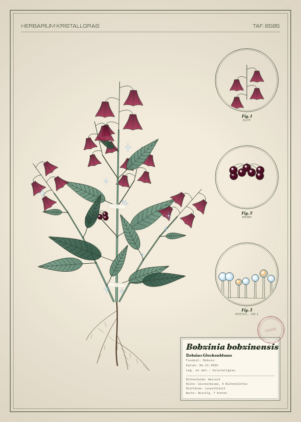 Botanische Tafel: Bobzinia bobzinensis, eine erfundene Pflanze aus Bobzin, gezeichnet wie in einem alten Pflanzenatlas
