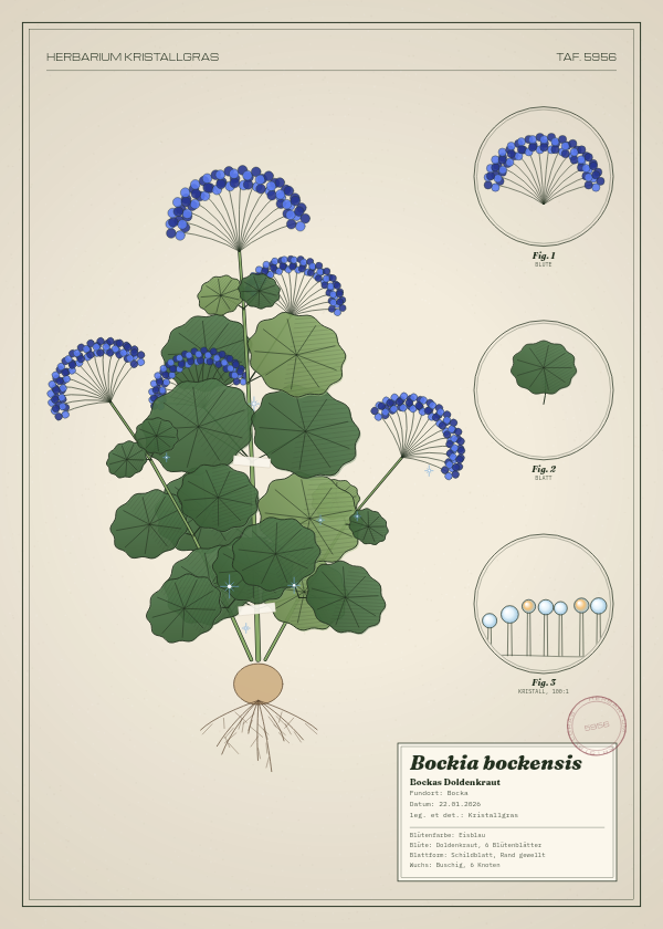 Botanische Tafel: Bockia bockensis, eine erfundene Pflanze aus Bocka, gezeichnet wie in einem alten Pflanzenatlas