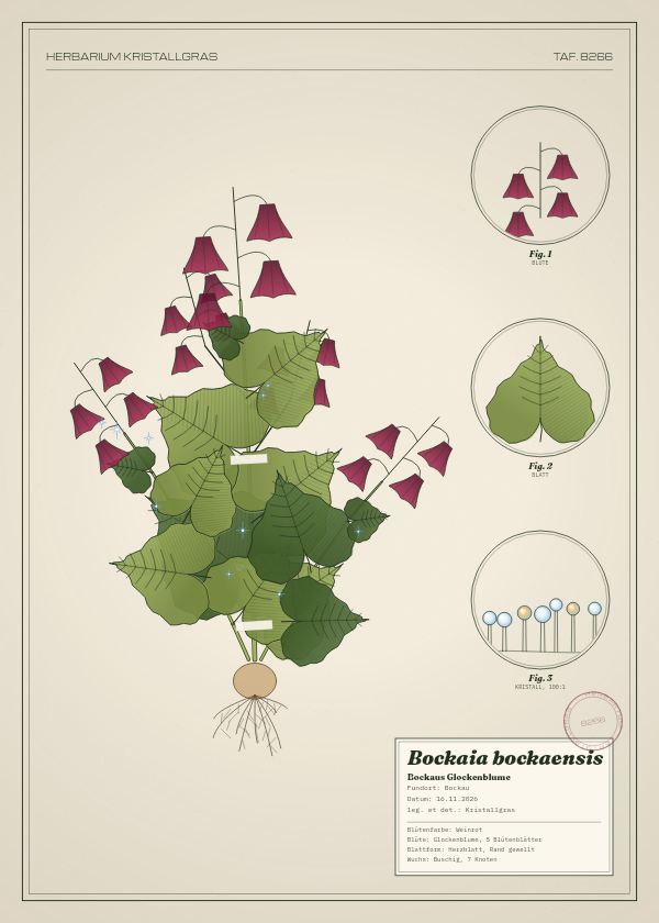 Botanische Tafel: Bockaia bockaensis, eine erfundene Pflanze aus Bockau, gezeichnet wie in einem alten Pflanzenatlas