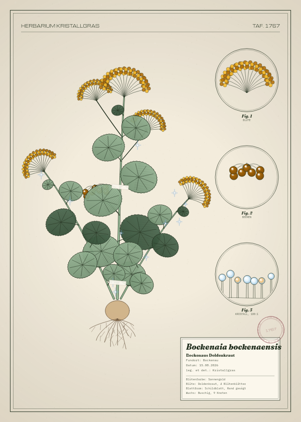 Botanische Tafel: Bockenaia bockenaensis, eine erfundene Pflanze aus Bockenau, gezeichnet wie in einem alten Pflanzenatlas