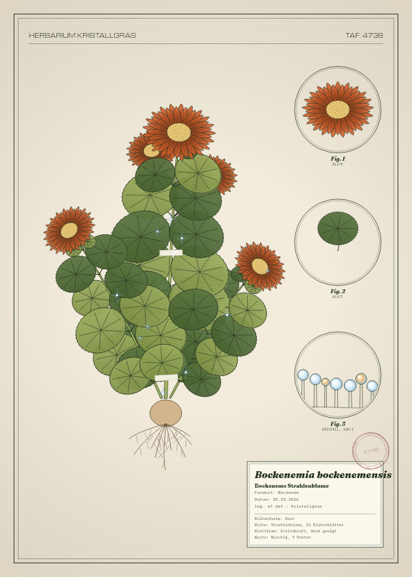 Botanische Tafel: Bockenemia bockenemensis, eine erfundene Pflanze aus Bockenem, gezeichnet wie in einem alten Pflanzenatlas