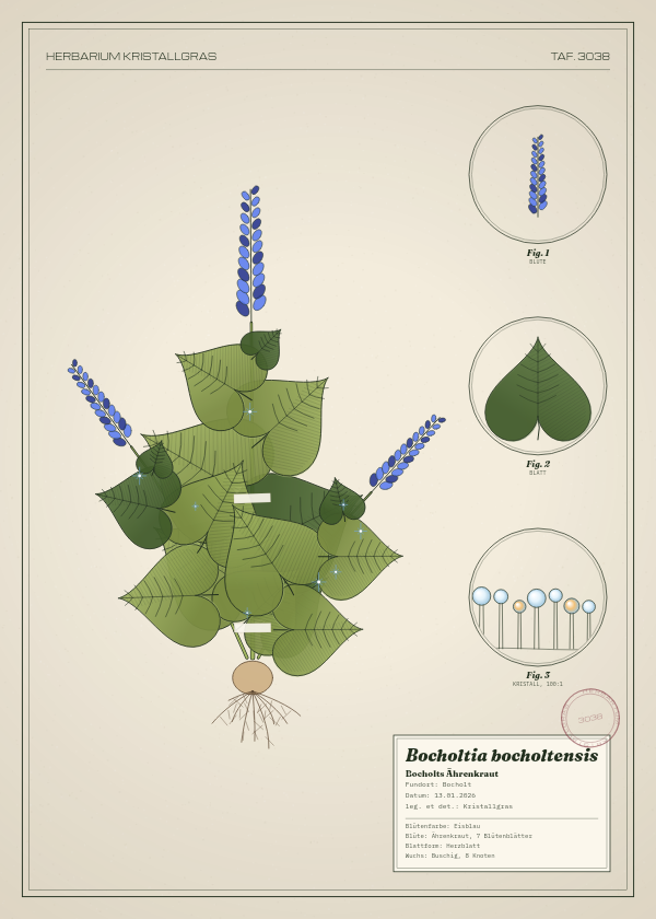 Botanische Tafel: Bocholtia bocholtensis, eine erfundene Pflanze aus Bocholt, gezeichnet wie in einem alten Pflanzenatlas