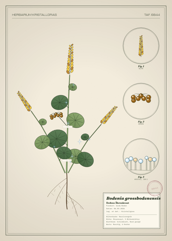 Botanische Tafel: Bodenia grossbodenensis, eine erfundene Pflanze aus Groß Boden, gezeichnet wie in einem alten Pflanzenatlas