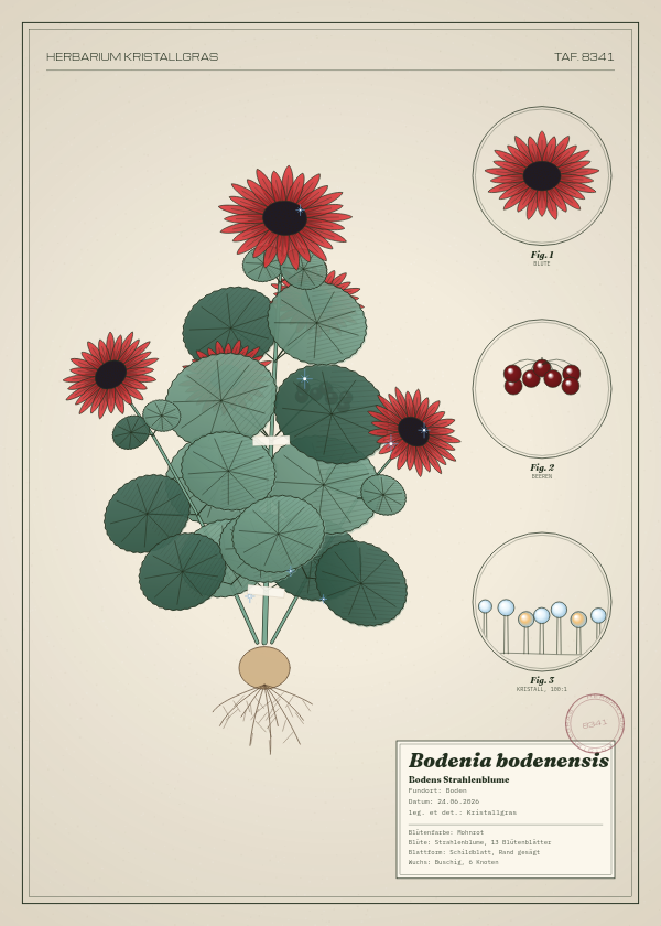 Botanische Tafel: Bodenia bodenensis, eine erfundene Pflanze aus Boden, gezeichnet wie in einem alten Pflanzenatlas