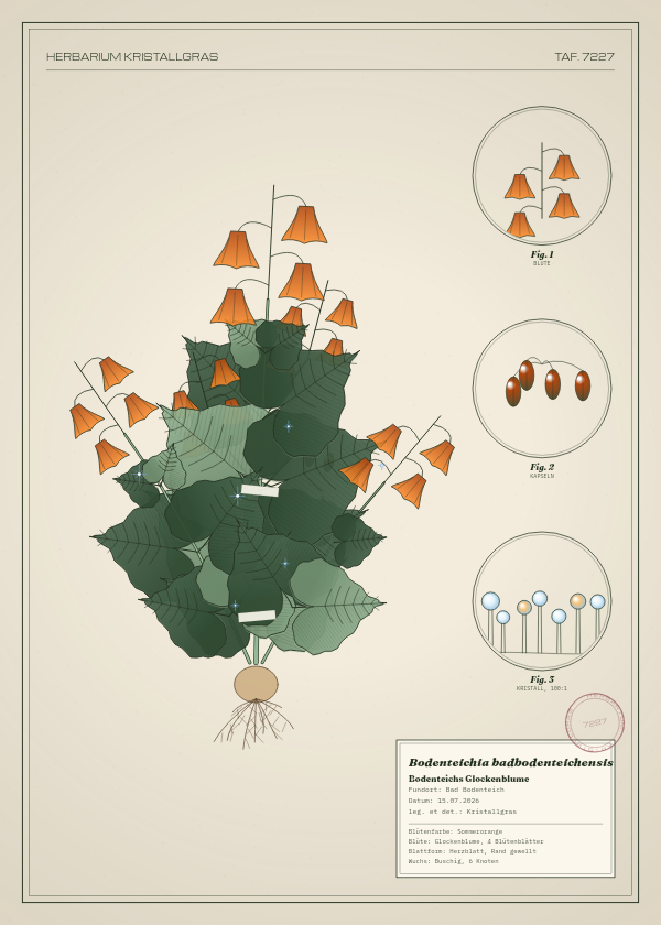 Botanische Tafel: Bodenteichia badbodenteichensis, eine erfundene Pflanze aus Bad Bodenteich, gezeichnet wie in einem alten Pflanzenatlas