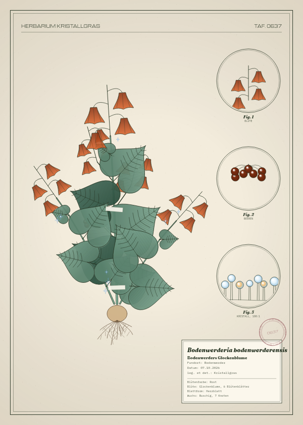 Botanische Tafel: Bodenwerderia bodenwerderensis, eine erfundene Pflanze aus Bodenwerder, gezeichnet wie in einem alten Pflanzenatlas