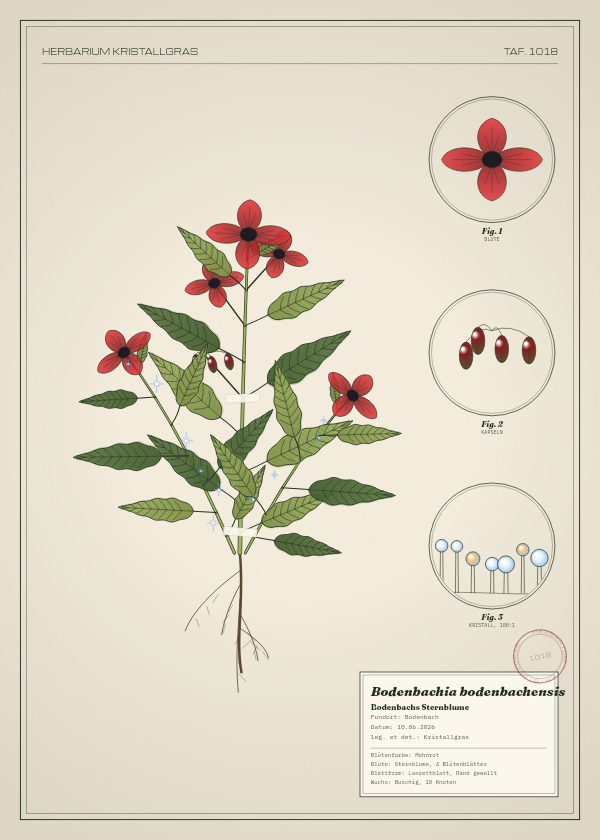 Botanische Tafel: Bodenbachia bodenbachensis, eine erfundene Pflanze aus Bodenbach, gezeichnet wie in einem alten Pflanzenatlas