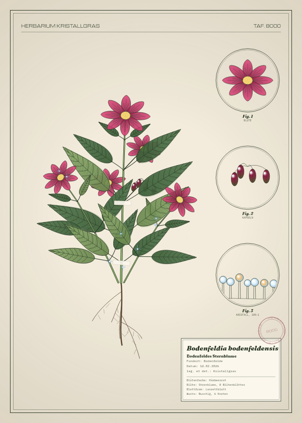 Botanische Tafel: Bodenfeldia bodenfeldensis, eine erfundene Pflanze aus Bodenfelde, gezeichnet wie in einem alten Pflanzenatlas