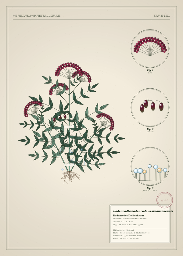 Botanische Tafel: Bodenrodia bodenrodewesthausenensis, eine erfundene Pflanze aus Bodenrode-Westhausen, gezeichnet wie in einem alten Pflanzenatlas