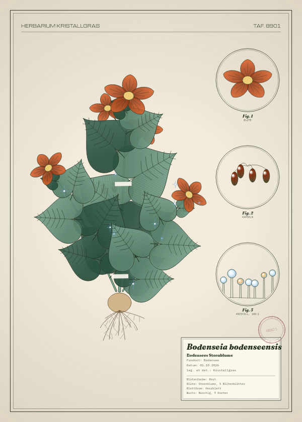 Botanische Tafel: Bodenseia bodenseensis, eine erfundene Pflanze aus Bodensee, gezeichnet wie in einem alten Pflanzenatlas