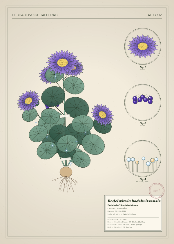 Botanische Tafel: Bodelwitzia bodelwitzensis, eine erfundene Pflanze aus Bodelwitz, gezeichnet wie in einem alten Pflanzenatlas