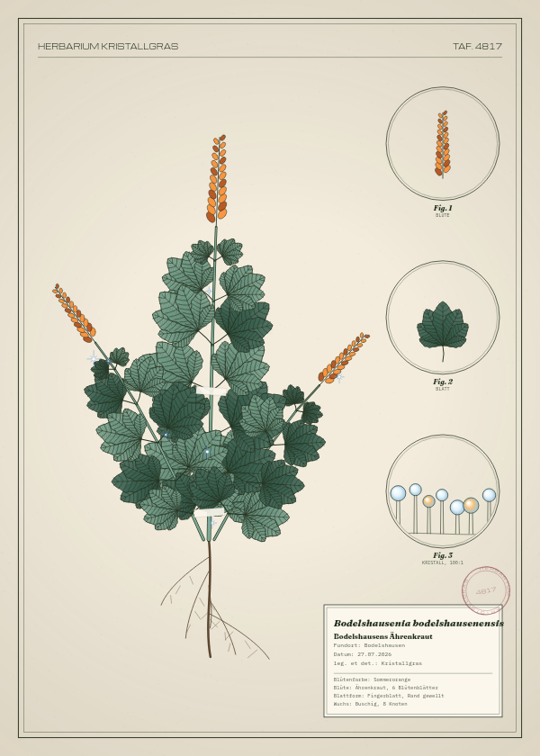 Botanische Tafel: Bodelshausenia bodelshausenensis, eine erfundene Pflanze aus Bodelshausen, gezeichnet wie in einem alten Pflanzenatlas