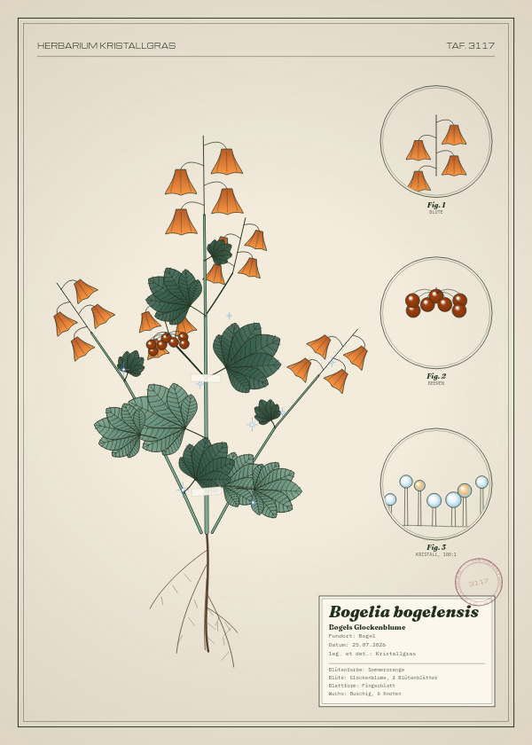 Botanische Tafel: Bogelia bogelensis, eine erfundene Pflanze aus Bogel, gezeichnet wie in einem alten Pflanzenatlas