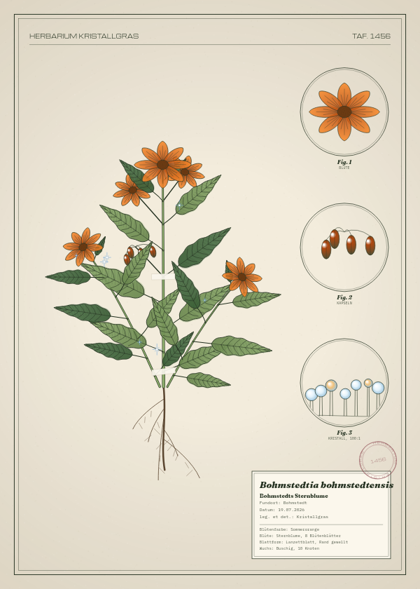 Botanische Tafel: Bohmstedtia bohmstedtensis, eine erfundene Pflanze aus Bohmstedt, gezeichnet wie in einem alten Pflanzenatlas