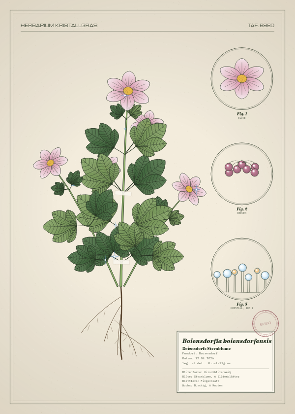 Botanische Tafel: Boiensdorfia boiensdorfensis, eine erfundene Pflanze aus Boiensdorf, gezeichnet wie in einem alten Pflanzenatlas