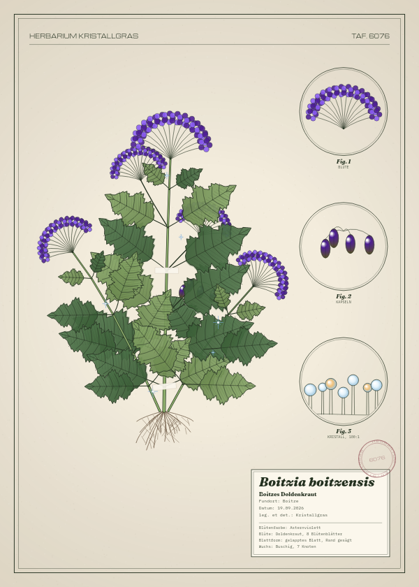 Botanische Tafel: Boitzia boitzensis, eine erfundene Pflanze aus Boitze, gezeichnet wie in einem alten Pflanzenatlas