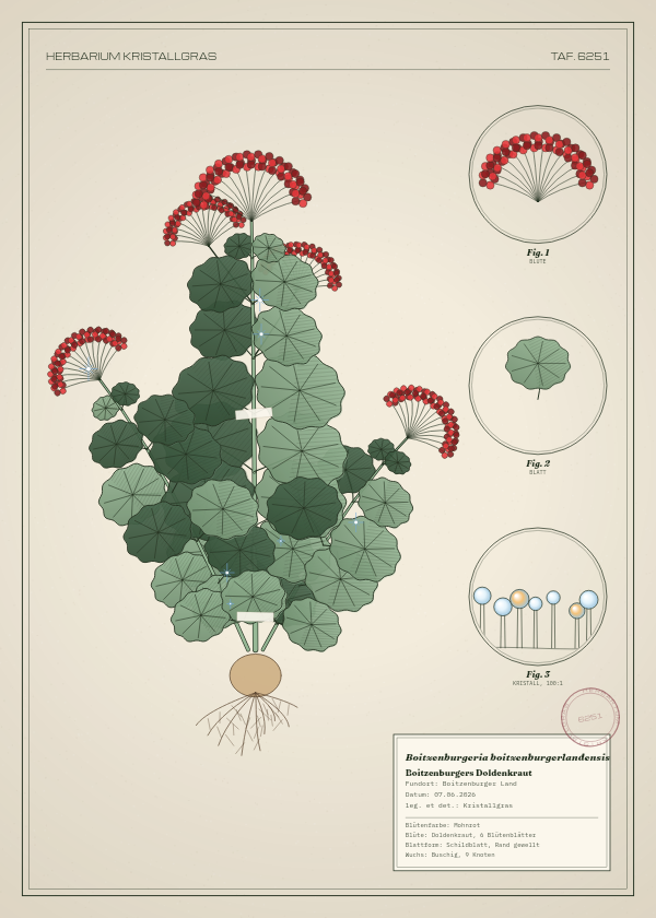 Botanische Tafel: Boitzenburgeria boitzenburgerlandensis, eine erfundene Pflanze aus Boitzenburger Land, gezeichnet wie in einem alten Pflanzenatlas