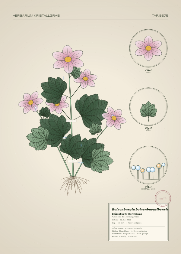 Botanische Tafel: Boizenburgia boizenburgelbensis, eine erfundene Pflanze aus Boizenburg/Elbe, gezeichnet wie in einem alten Pflanzenatlas