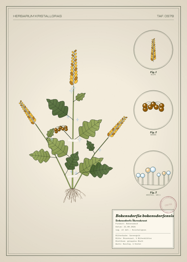 Botanische Tafel: Bokensdorfia bokensdorfensis, eine erfundene Pflanze aus Bokensdorf, gezeichnet wie in einem alten Pflanzenatlas