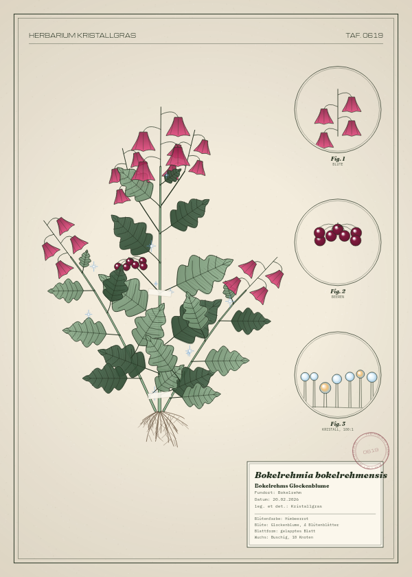 Botanische Tafel: Bokelrehmia bokelrehmensis, eine erfundene Pflanze aus Bokelrehm, gezeichnet wie in einem alten Pflanzenatlas