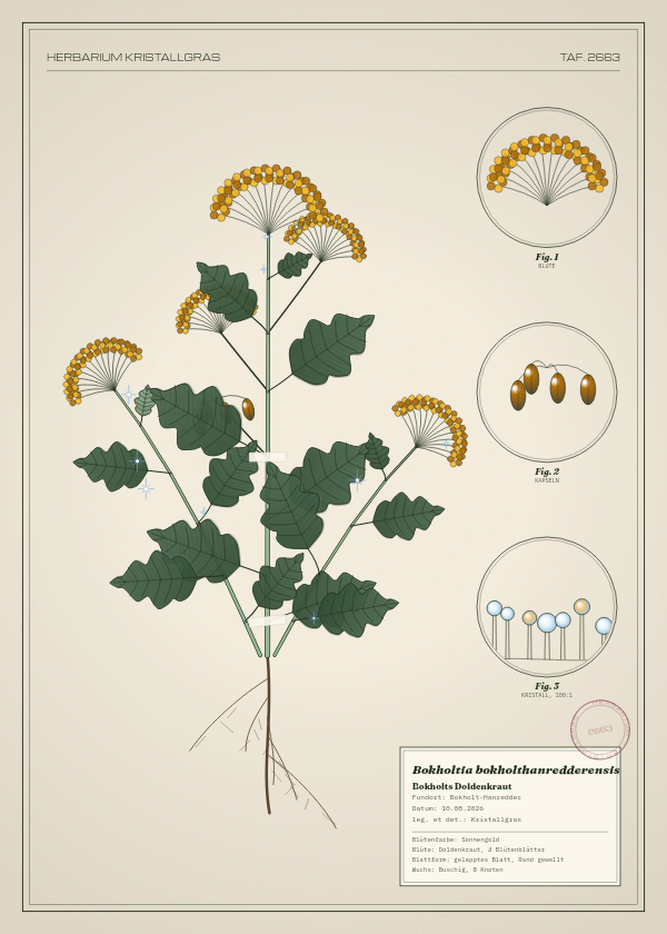 Botanische Tafel: Bokholtia bokholthanredderensis, eine erfundene Pflanze aus Bokholt-Hanredder, gezeichnet wie in einem alten Pflanzenatlas
