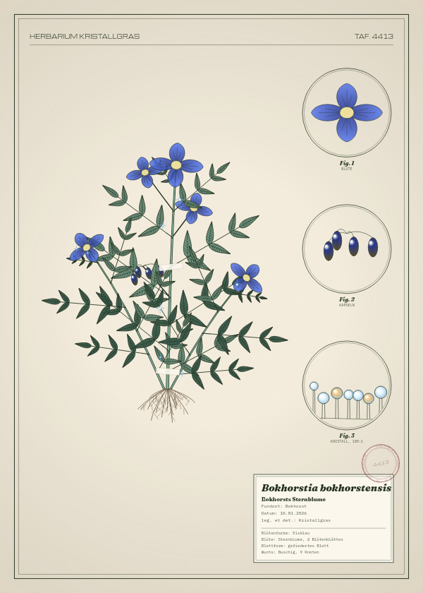 Botanische Tafel: Bokhorstia bokhorstensis, eine erfundene Pflanze aus Bokhorst, gezeichnet wie in einem alten Pflanzenatlas