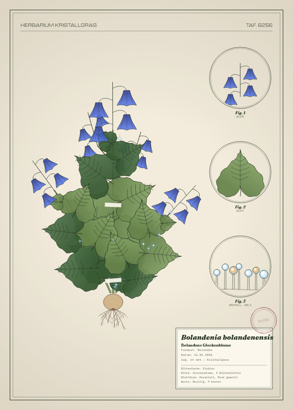 Botanische Tafel: Bolandenia bolandenensis, eine erfundene Pflanze aus Bolanden, gezeichnet wie in einem alten Pflanzenatlas