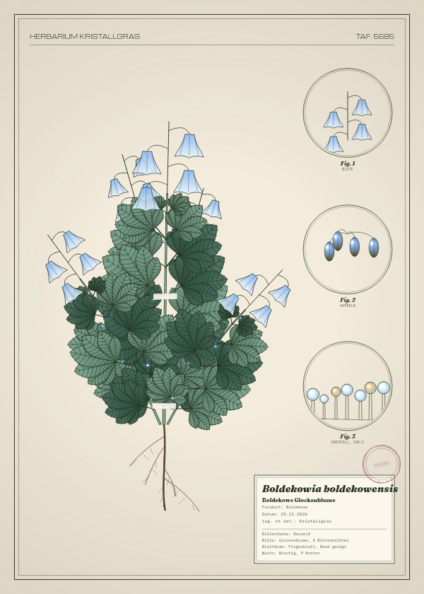 Botanische Tafel: Boldekowia boldekowensis, eine erfundene Pflanze aus Boldekow, gezeichnet wie in einem alten Pflanzenatlas