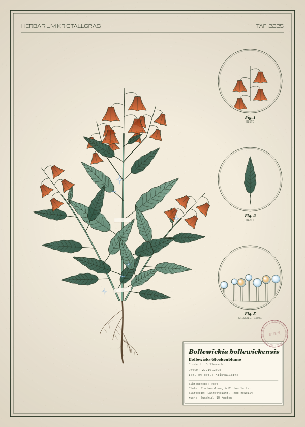 Botanische Tafel: Bollewickia bollewickensis, eine erfundene Pflanze aus Bollewick, gezeichnet wie in einem alten Pflanzenatlas
