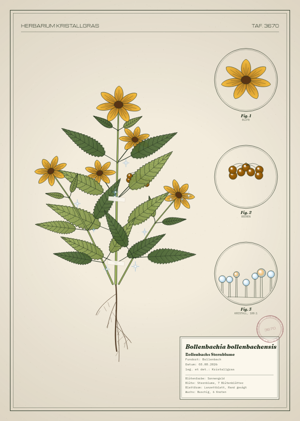 Botanische Tafel: Bollenbachia bollenbachensis, eine erfundene Pflanze aus Bollenbach, gezeichnet wie in einem alten Pflanzenatlas