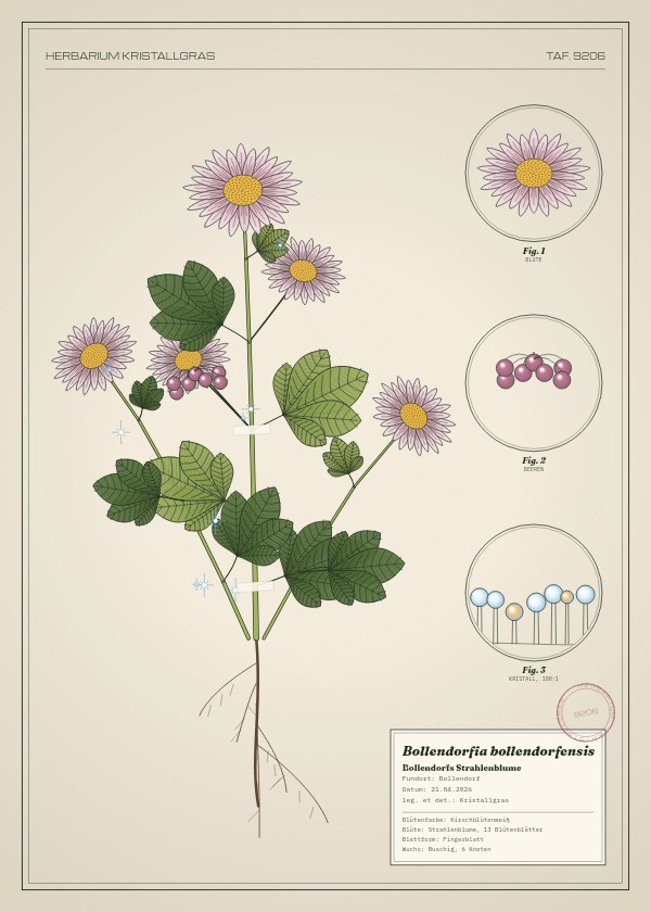 Botanische Tafel: Bollendorfia bollendorfensis, eine erfundene Pflanze aus Bollendorf, gezeichnet wie in einem alten Pflanzenatlas