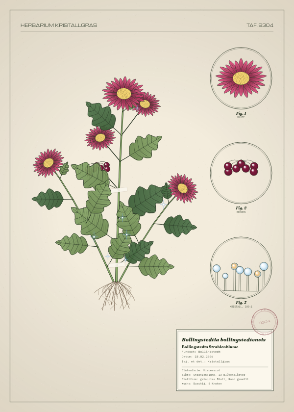 Botanische Tafel: Bollingstedtia bollingstedtensis, eine erfundene Pflanze aus Bollingstedt, gezeichnet wie in einem alten Pflanzenatlas