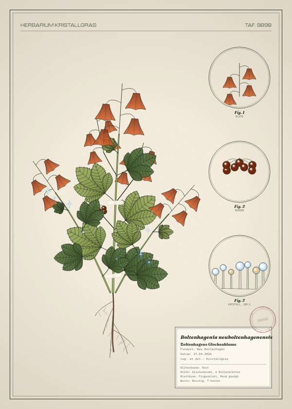 Botanische Tafel: Boltenhagenia neuboltenhagenensis, eine erfundene Pflanze aus Neu Boltenhagen, gezeichnet wie in einem alten Pflanzenatlas