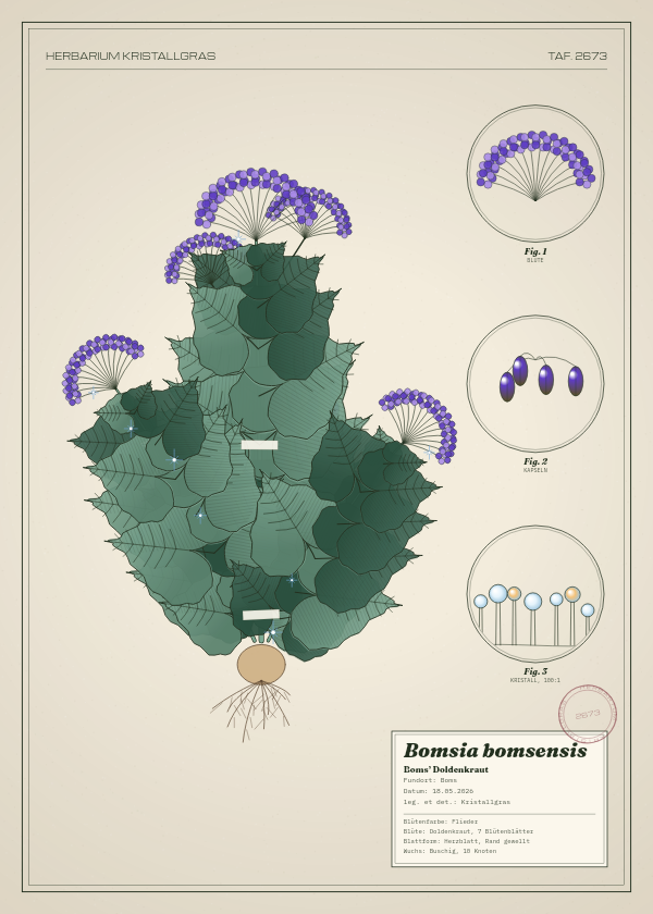 Botanische Tafel: Bomsia bomsensis, eine erfundene Pflanze aus Boms, gezeichnet wie in einem alten Pflanzenatlas