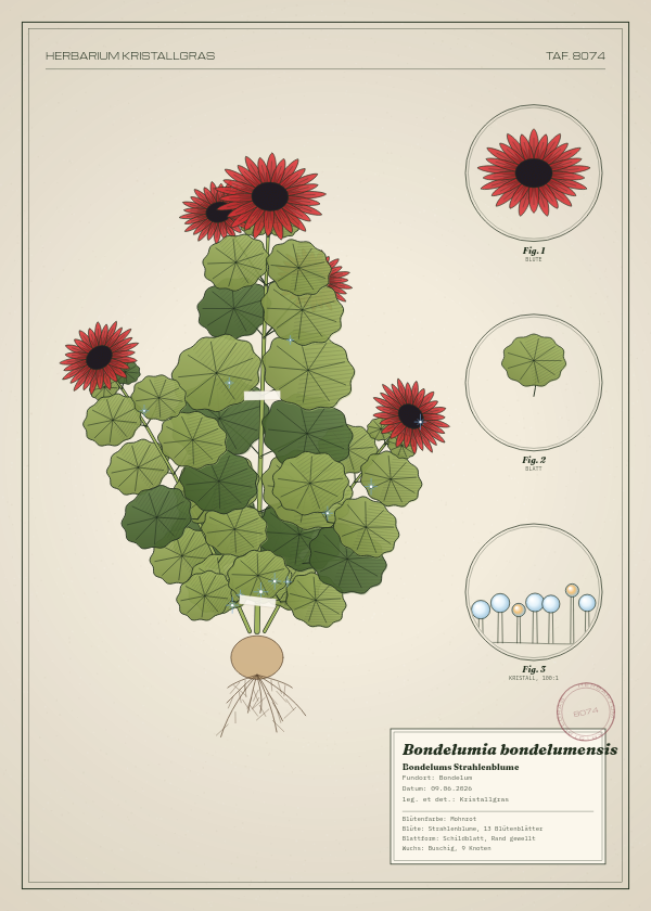 Botanische Tafel: Bondelumia bondelumensis, eine erfundene Pflanze aus Bondelum, gezeichnet wie in einem alten Pflanzenatlas